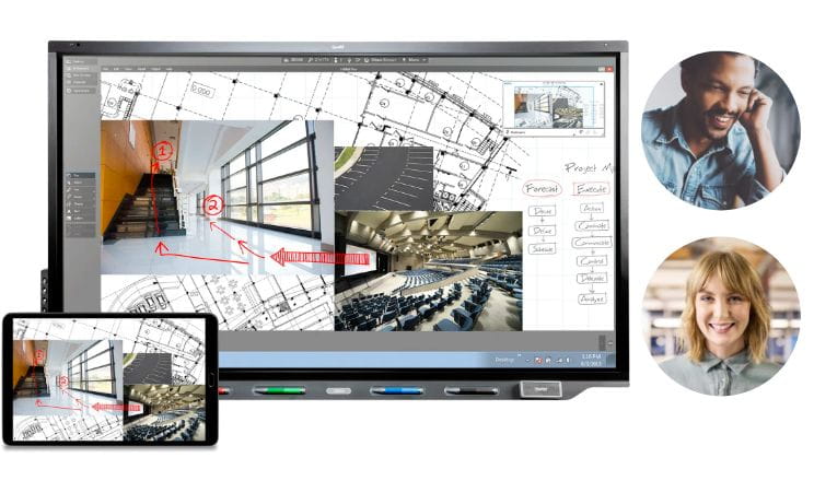 A diverse team engaged in a collaborative project using a SMART Interactive display that mirrors content to a tablet, enhancing teamwork and project management.