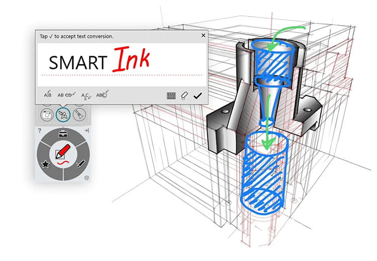 A machinery design annotated using SMART Ink, showcasing precise markings and handwriting-to-text conversion tools.