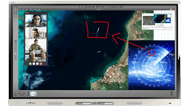 An image of a SMART interactive display in a government defense setting, showcasing the SMART Meeting Pro software.