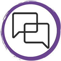 Uma imagem de um círculo com dois ícones que se assemelham a balões de diálogo.