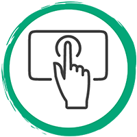 Uma imagem circular com um dedo a apontar para cima em direção a um ecrã.