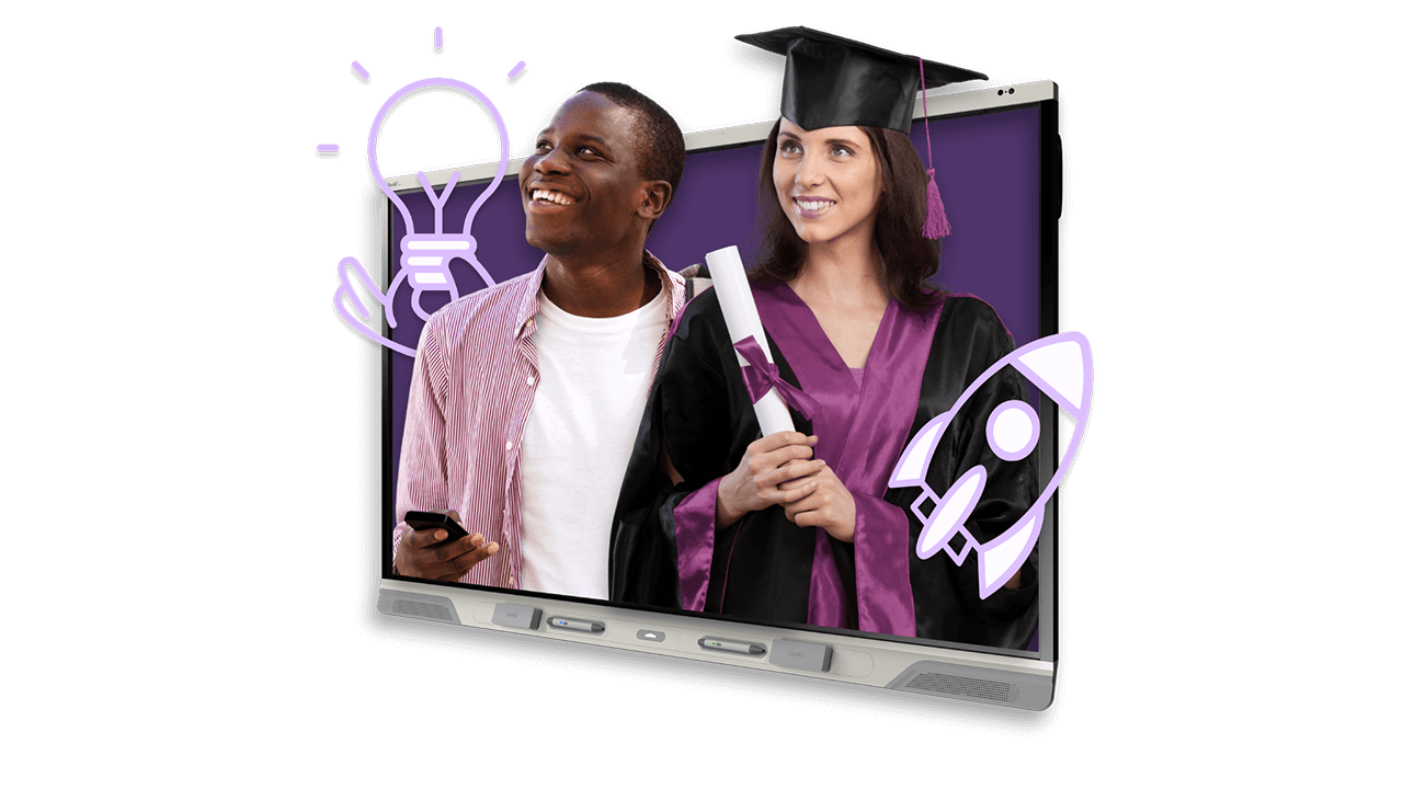 Two graduates smiling while inset within a SMART Board, one holding a diploma