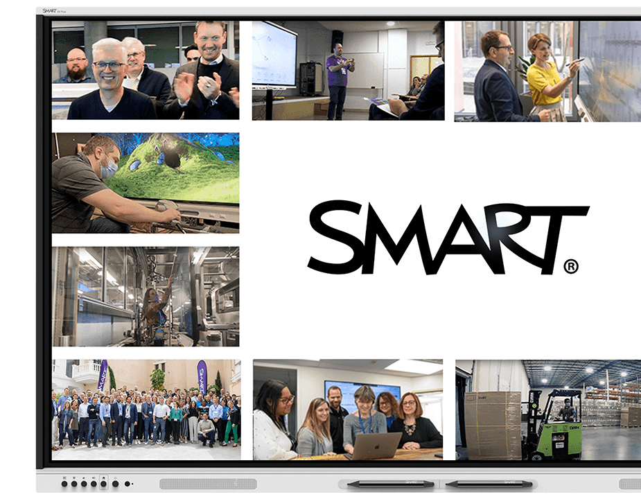 Various images of SMART Technologies team members, manufacturing facilities, and outreach events shown on an GX Plus interactive display.