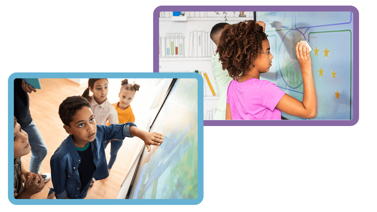 A group of students collaborating on a SMART Board, paired with an image of a student using a digital stamp on an interactive display.