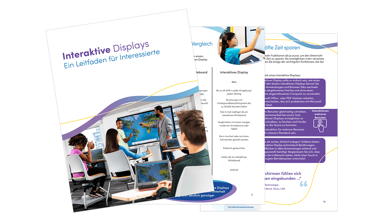 Cover and interior spread of the 'Interactive Display Buyer's Guide' featuring a classroom with a SMART Board and comparison details.