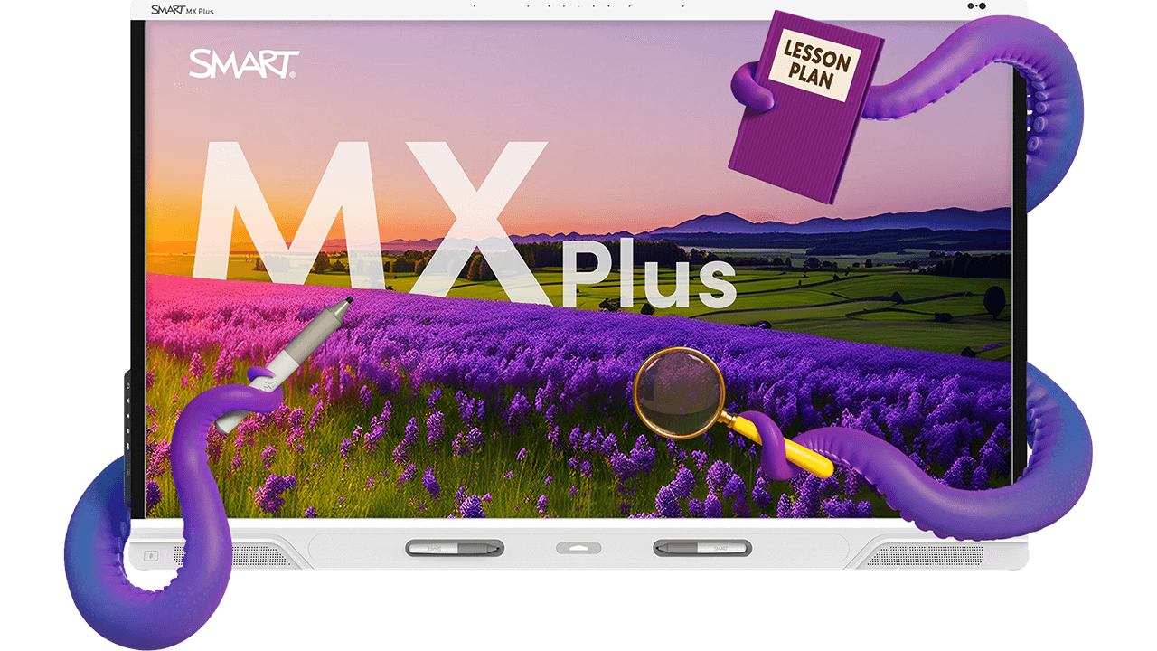 SMART Board MX Plus series interactive display with Octopus arms holding a pen, lesson plan and magnifying glass