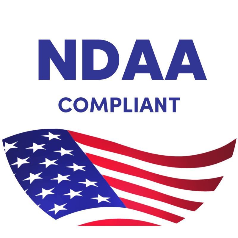 Circular logo with NDAA Compliant text and a partial American flag.