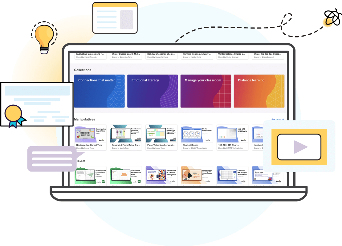 Graphic display of a laptop screen with various educational resources, highlighting ready-made materials to save planning time for teachers.