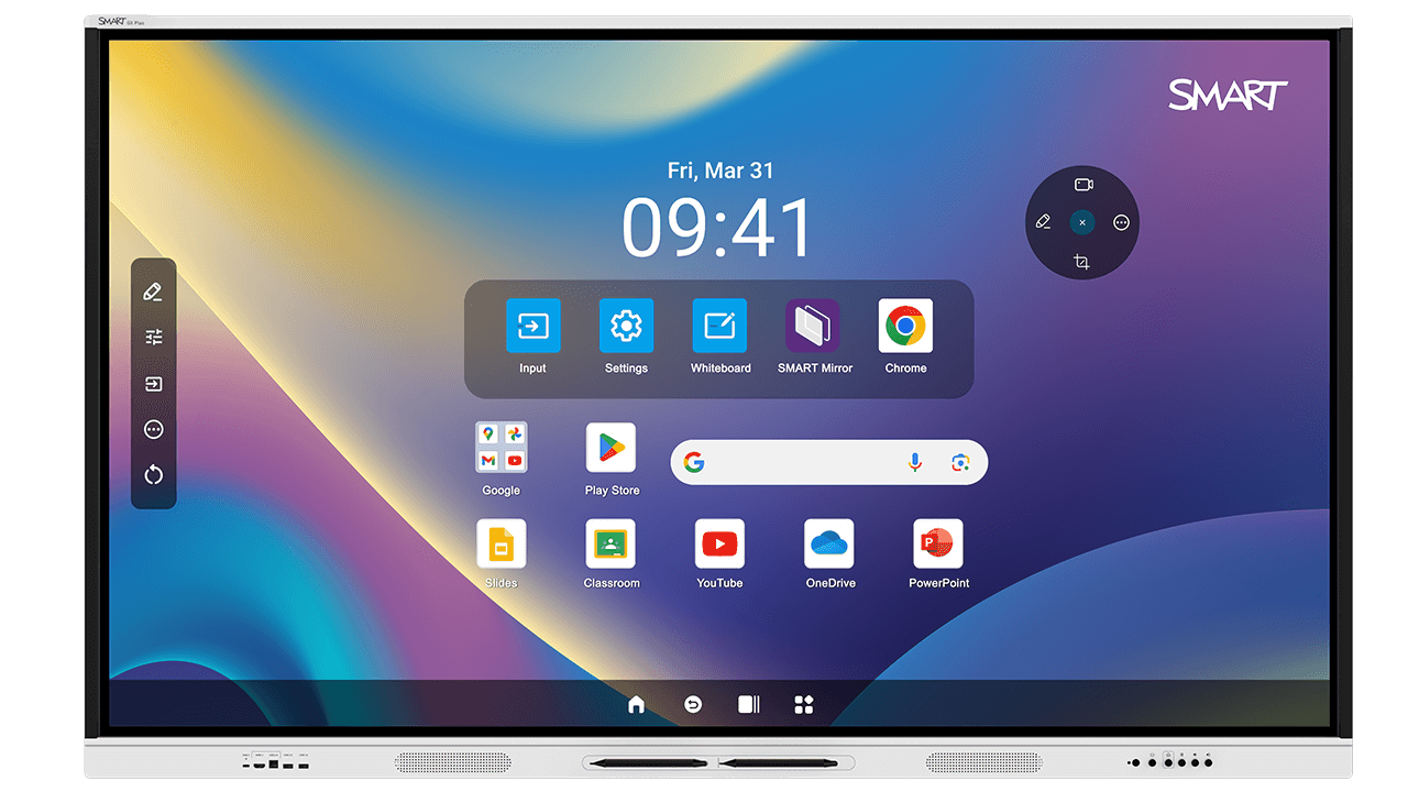 Front view of the SMART Board GX Plus, showing the main interface with quick-access apps and settings.