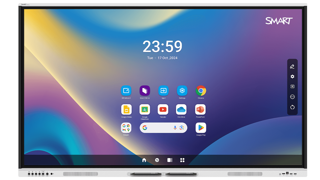 Front view of the SMART Board GX Plus, showing the main interface with quick-access apps and settings.