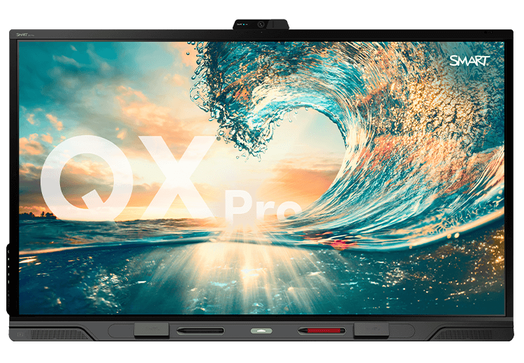 QX Pro SMART Board for business meetings, featuring a vibrant image of a cresting ocean wave under a sunset, symbolizing dynamic and powerful business solutions.
