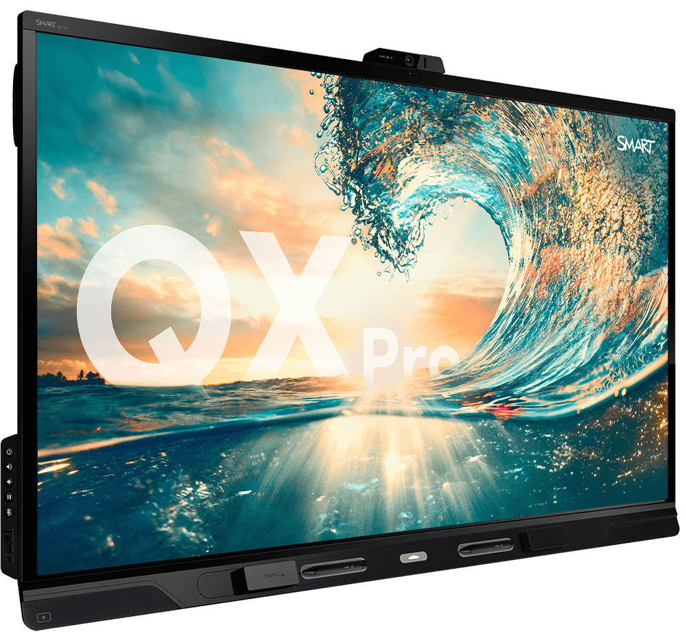 SMART Board QX Pro V2 interactive display angled view with vibrant wave design on the screen.