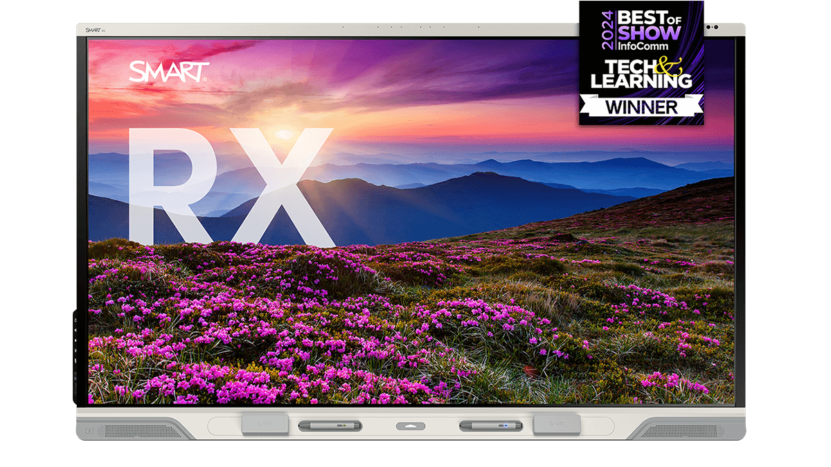 SMART Board RX series interactive display featuring a vibrant sunset over mountains and pink flowers, with a Tech & Learning Winner badge for 2024.