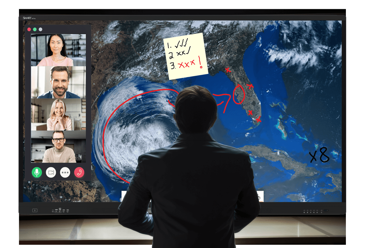 SMART Board facilitating a remote meeting with multiple participants via Microsoft Teams.