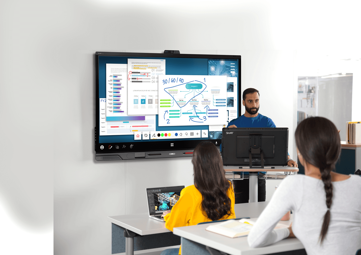 A group of professionals taking part in corporate training using an interactive display