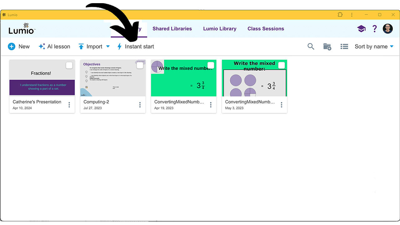 Screen capture showing how to instantly start in Lumio
